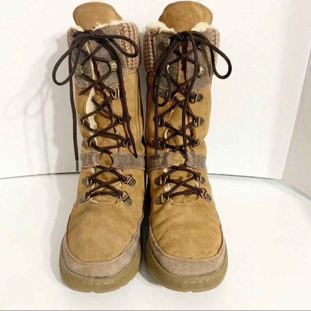 BEARPAW Serena Suede Boots Size 6 Lace-Up Wool Blend Lining, Knit Collar 1813W